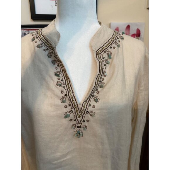 RAFAELLA Beige Embroidered Beaded Blouse100% Linen V-Neck Tiny Flaw Size 14 - Picture 4 of 16